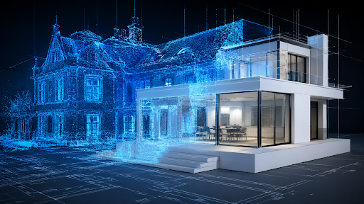 Existing building shown as a point cloud with clean architectural geometry layered into the SketchUp workflow