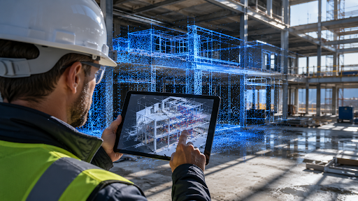 Construction site with point cloud and 3D model overlay showing retrofit site verification and coordination workflows