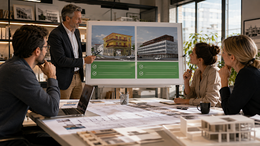 Architecture and interior design team reviewing SketchUp upgrade options in a professional advisory meeting