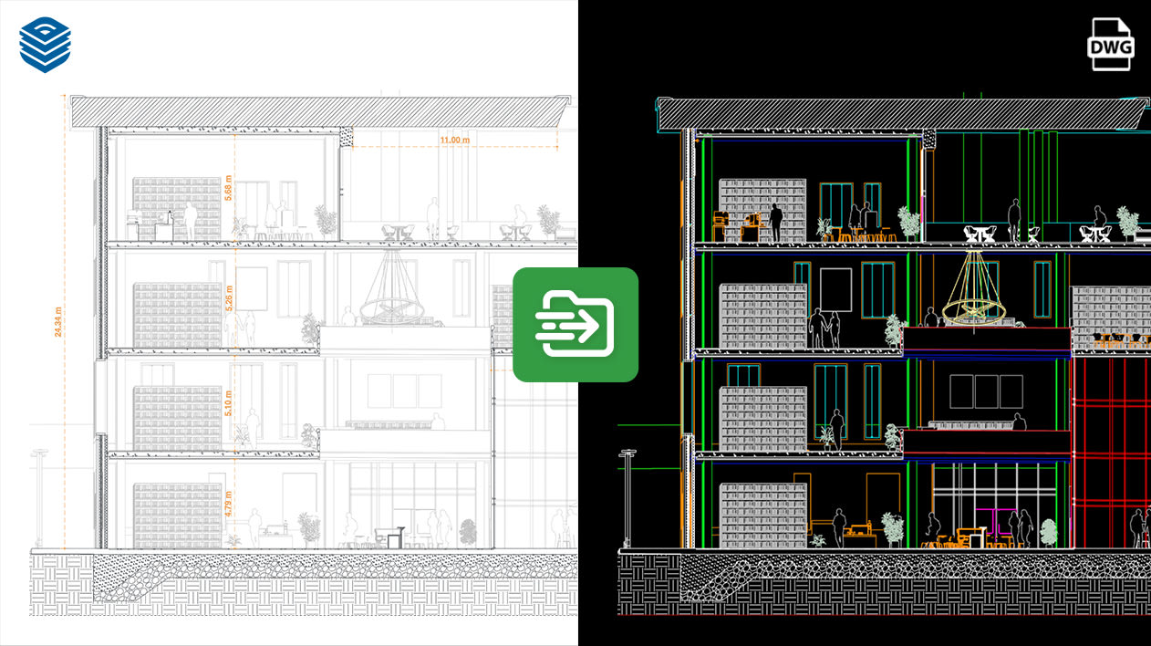 Building section shown as a light line drawing beside the same section exported as a DWG file