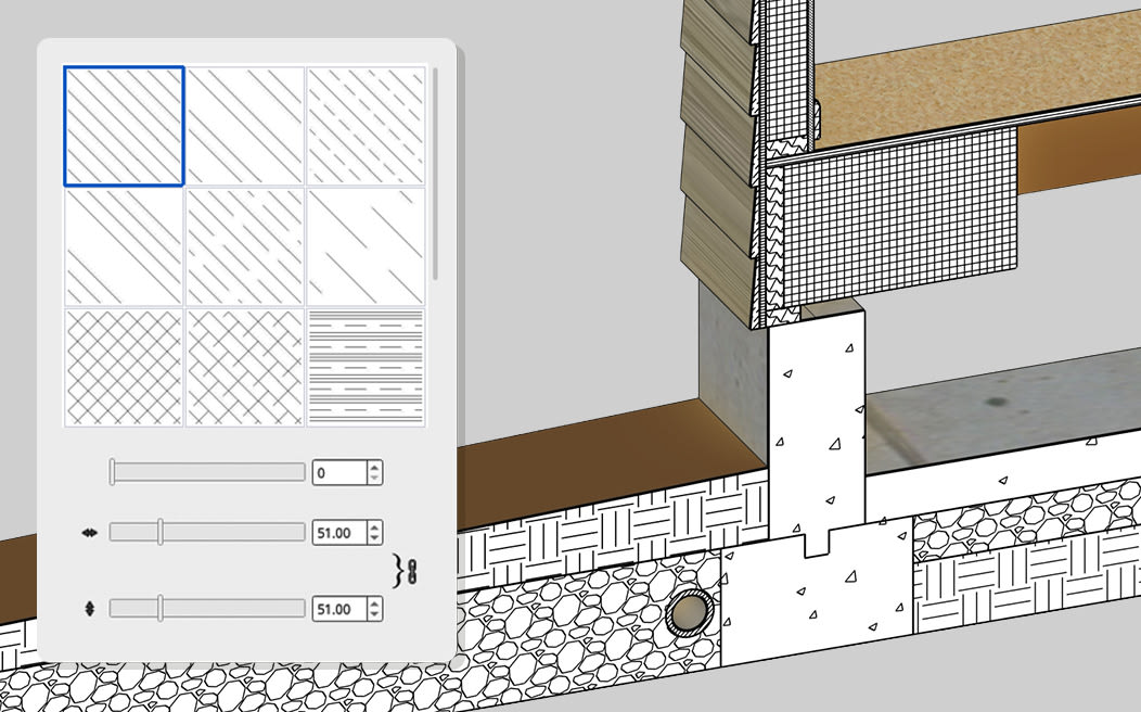 Construction detail with material hatch patterns and the hatch pattern picker