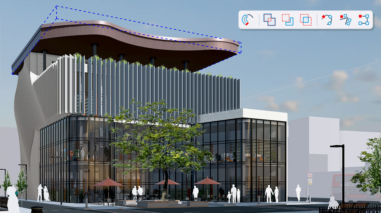 SketchUp model of a glass-fronted building with a curved timber roof canopy, slatted facade and outdoor seating