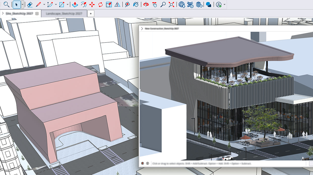 SketchUp window with a site model and a detailed building model open side by side
