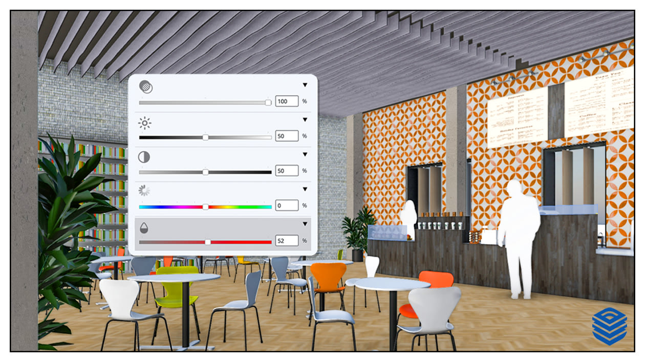 Rendered library café interior with LayOut’s image adjustment sliders open