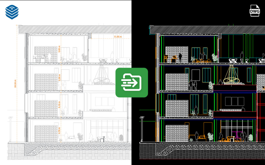 Section drawing of a building and its site alongside the same drawing as a DWG file