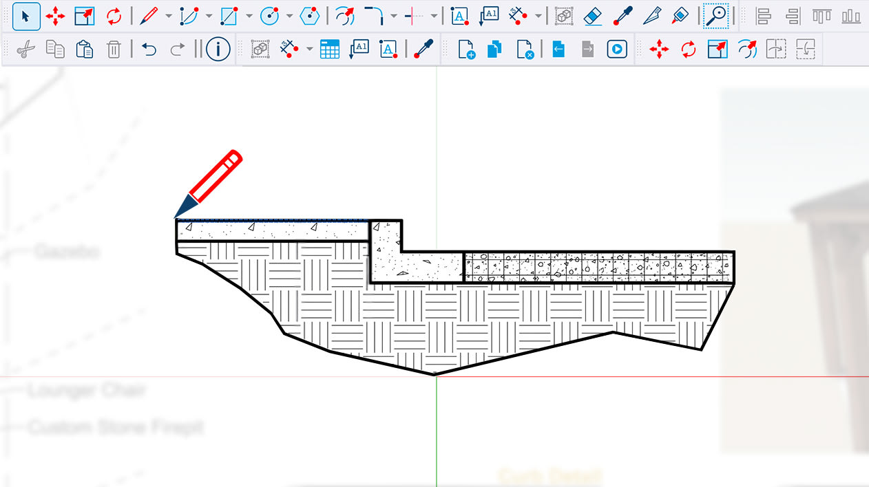 LayOut drawing of a foundation footing and ground layers being drafted with the pencil tool on the paperless canvas