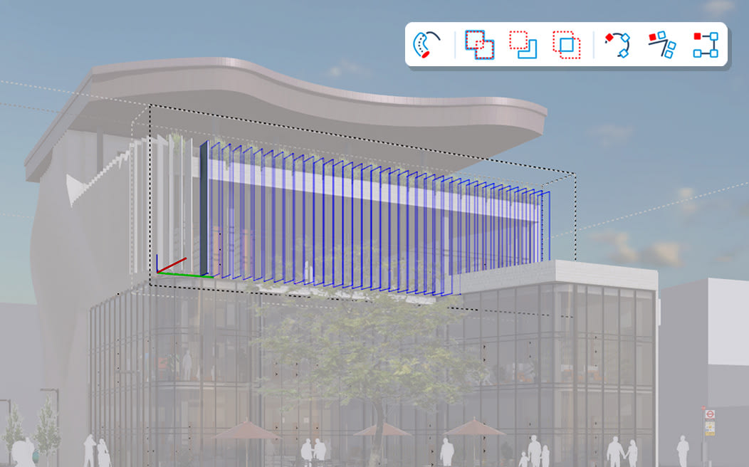 SketchUp model of a modern building whose blue vertical fins sit inside a dashed bounding box, marking them as a procedural component