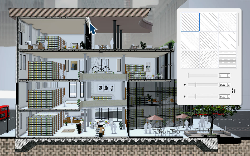 Section perspective of a multi-storey building beside the pattern and hatch fill controls